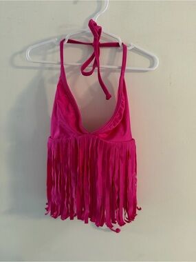 DOLL Swimwear Solid Fuchsia Fringe Halter Bikini Triangle Top – Size Medium
